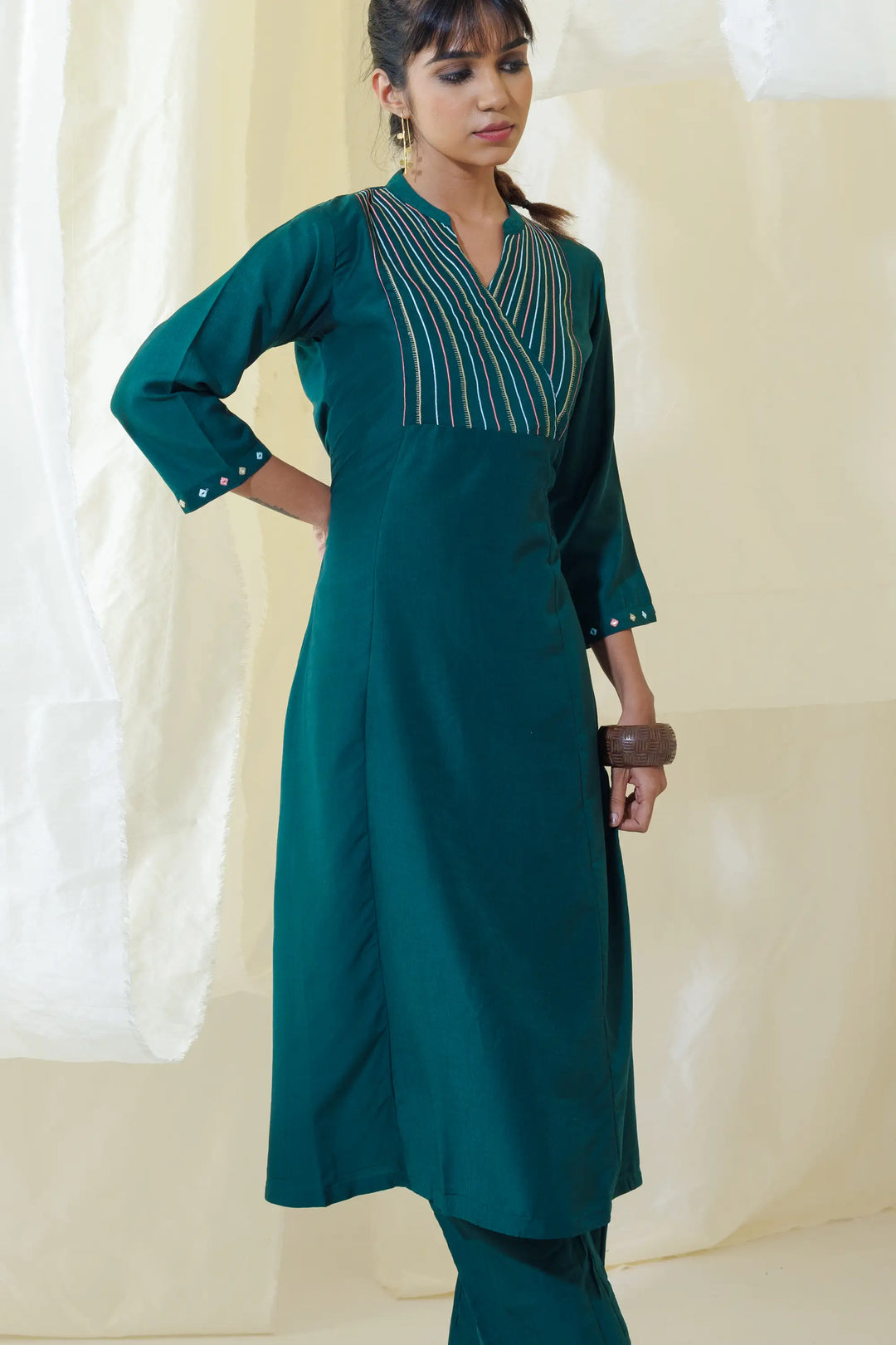 Elegant Kurtis Set | embroidery work linening work muslin in bottle-green