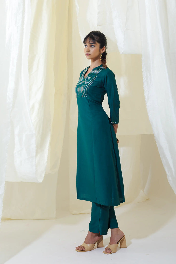 Elegant Kurtis Set | embroidery work linening work muslin in bottle-green