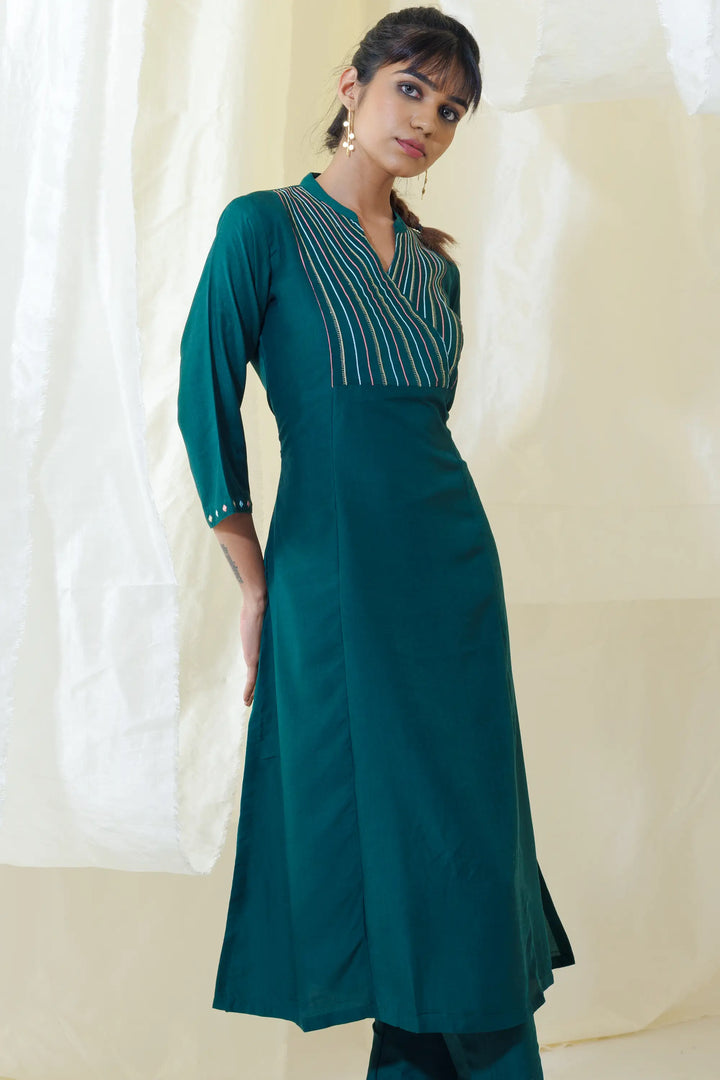 Elegant Kurtis Set | embroidery work linening work muslin in bottle-green