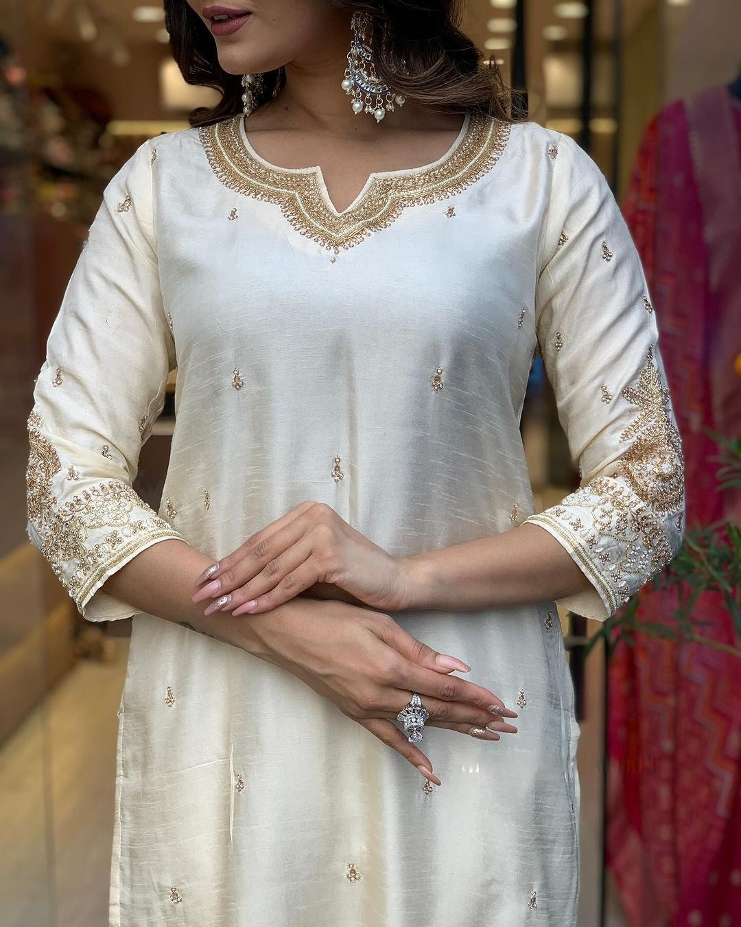 Cream Embroidered A-Line Kurti Set | Viscose Chanderi with Dupatta