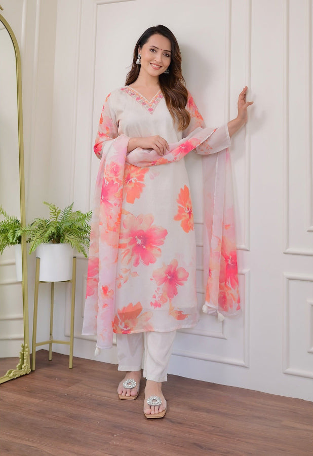 White Floral Print Straight Kurta with Pants & Dupatta | Women Kurti Set