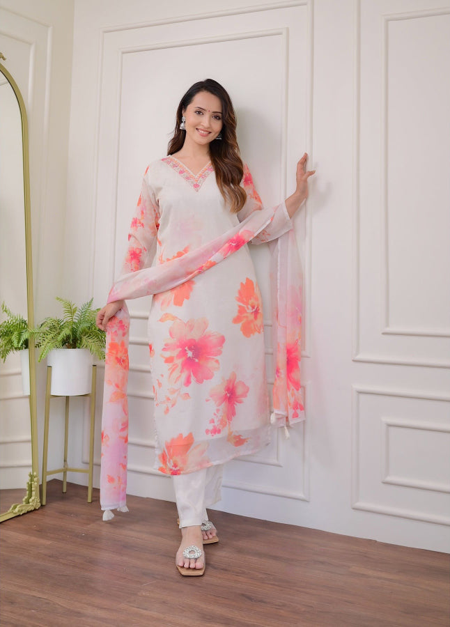 White Floral Print Straight Kurta with Pants & Dupatta | Women Kurti Set