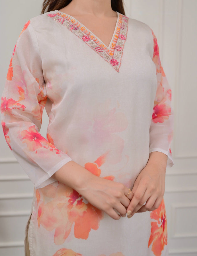 White Floral Print Straight Kurta with Pants & Dupatta | Women Kurti Set