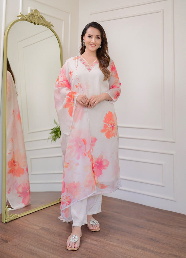 White Floral Print Straight Kurta with Pants & Dupatta | Women Kurti Set