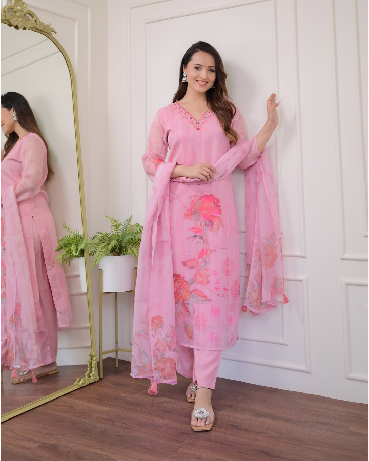 Pink Embroidered Organza Kurta Set | Women's Floral A-Line Kurti Set