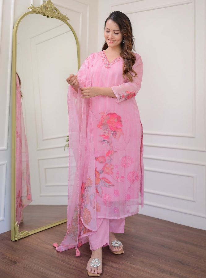 Pink Embroidered Organza Kurta Set | Women's Floral A-Line Kurti Set