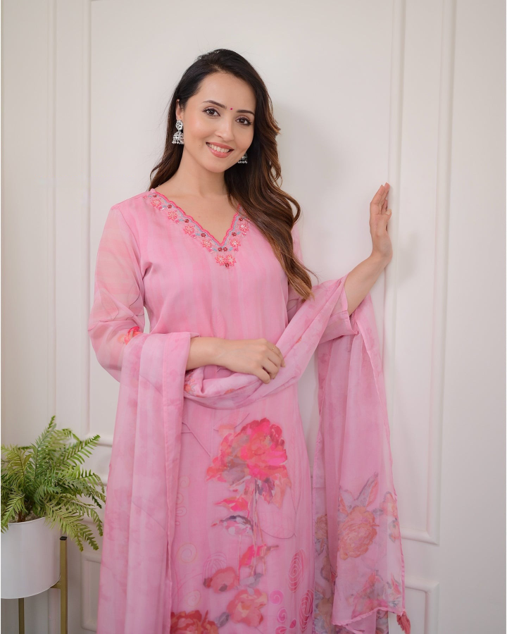 Pink Embroidered Organza Kurta Set | Women's Floral A-Line Kurti Set