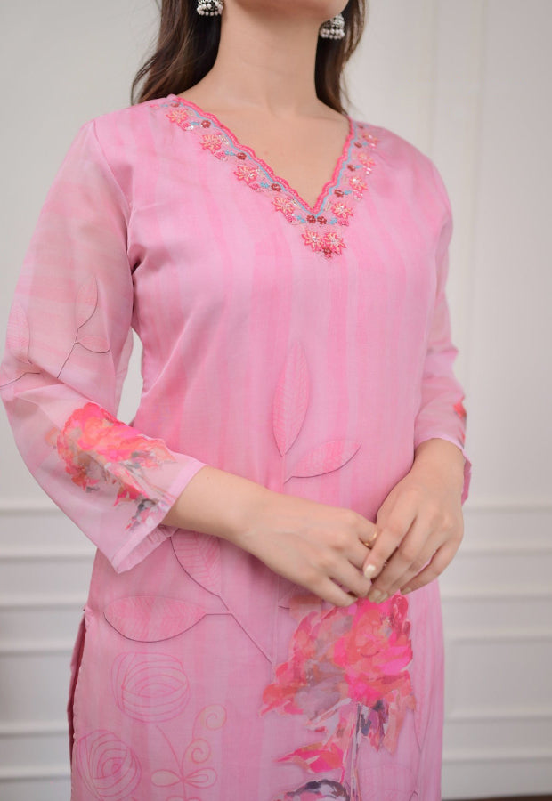 Pink Embroidered Organza Kurta Set | Women's Floral A-Line Kurti Set