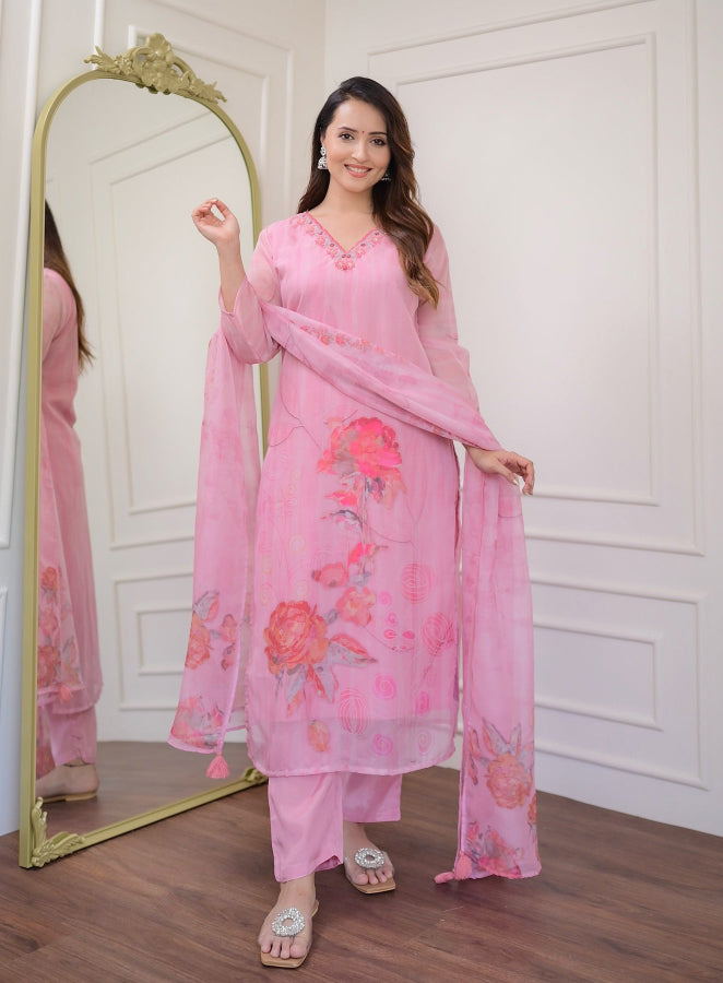 Pink Embroidered Organza Kurta Set | Women's Floral A-Line Kurti Set