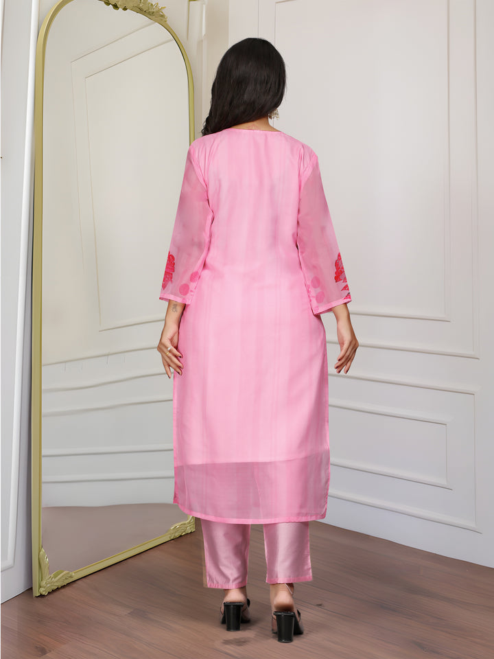 Pink Embroidered Organza Kurta Set | Women's Floral A-Line Kurti Set