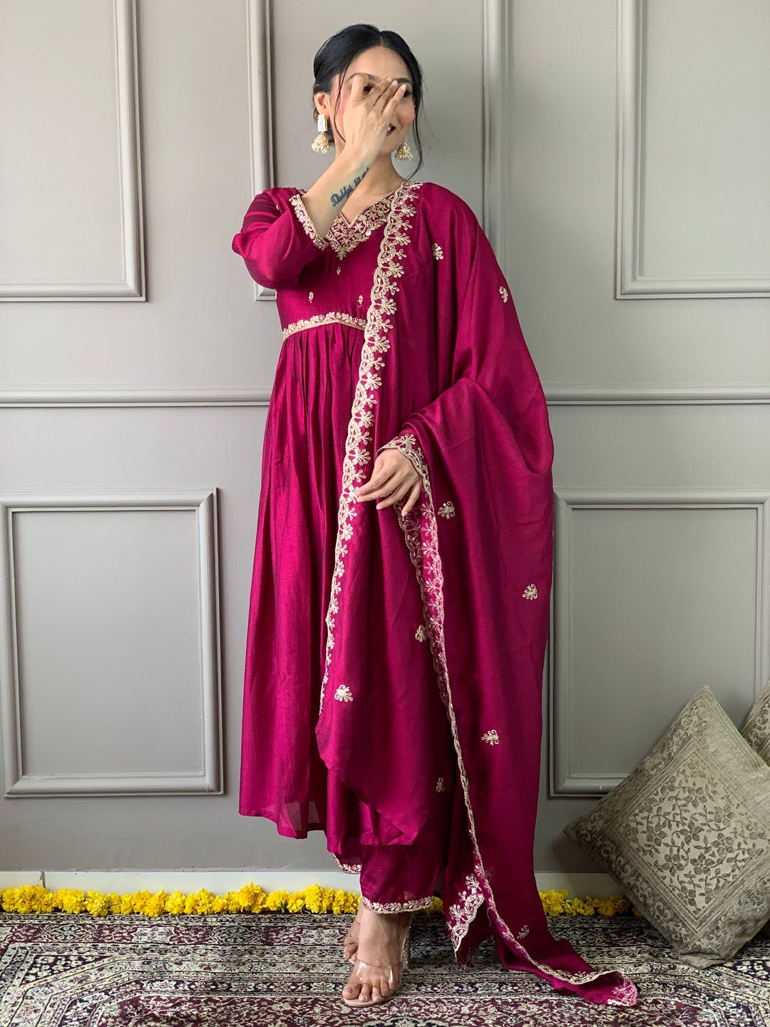 Rani Pink Kurti Set for Women | Ethnic Anarkali Kurta with Embroidered Dupatta