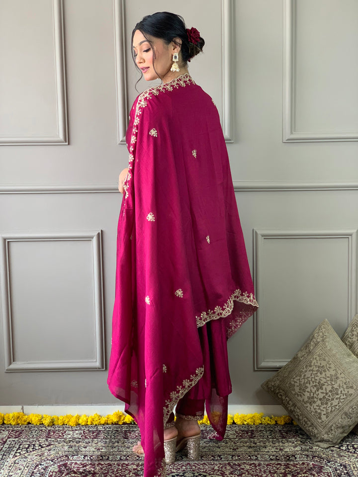 Rani Pink Kurti Set for Women | Ethnic Anarkali Kurta with Embroidered Dupatta