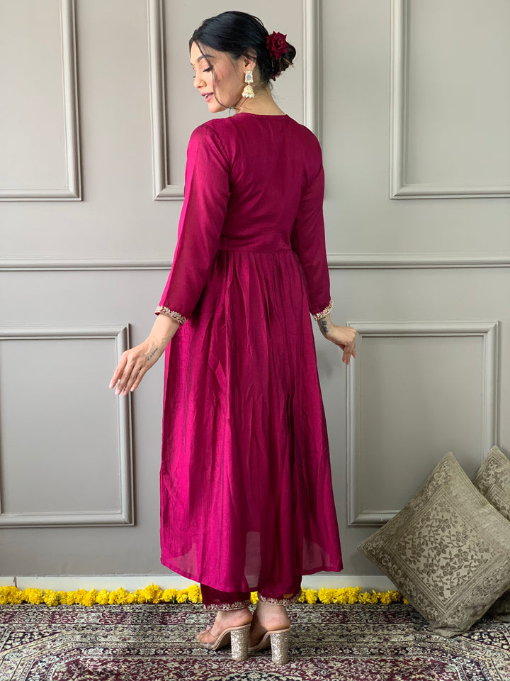 Rani Pink Kurti Set for Women | Ethnic Anarkali Kurta with Embroidered Dupatta