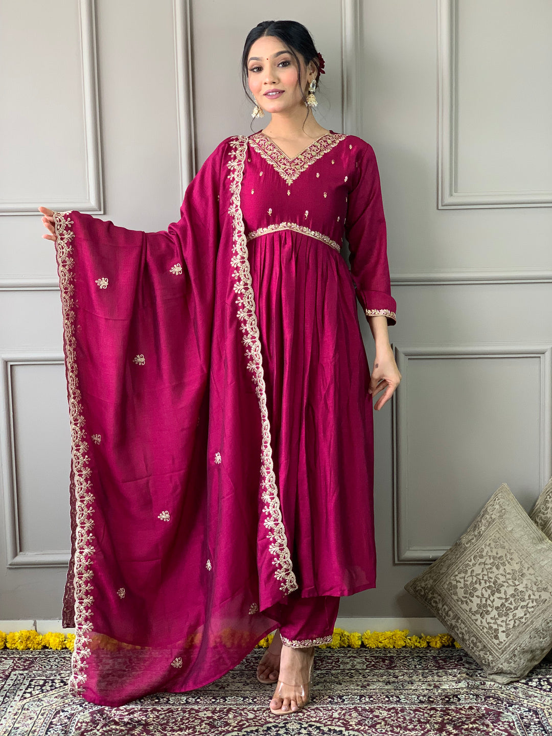 Rani Pink Kurti Set for Women | Ethnic Anarkali Kurta with Embroidered Dupatta