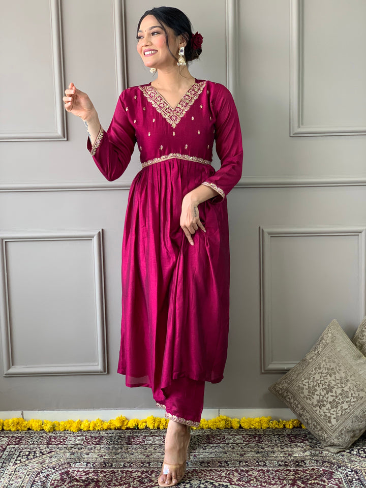 Rani Pink Kurti Set for Women | Ethnic Anarkali Kurta with Embroidered Dupatta