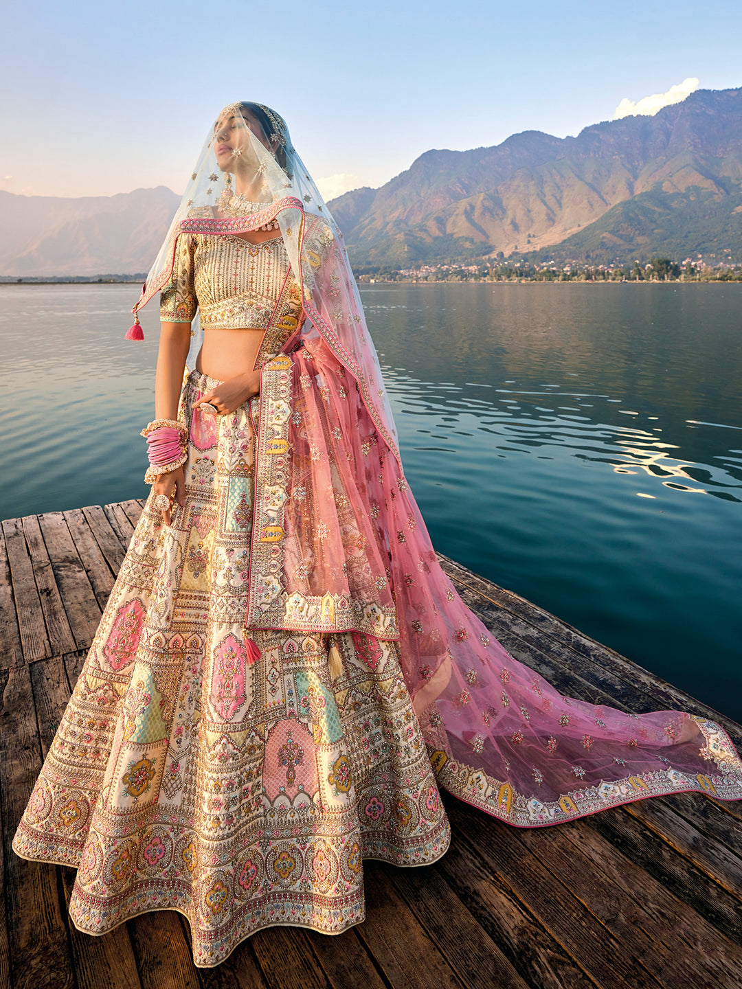 Cream Silk & Art Silk Lehenga Choli with Heavy Thread Embroidery, Zari, and Sequins Work