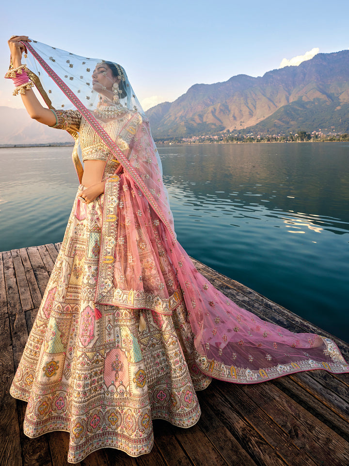 Cream Silk & Art Silk Lehenga Choli with Heavy Thread Embroidery, Zari, and Sequins Work