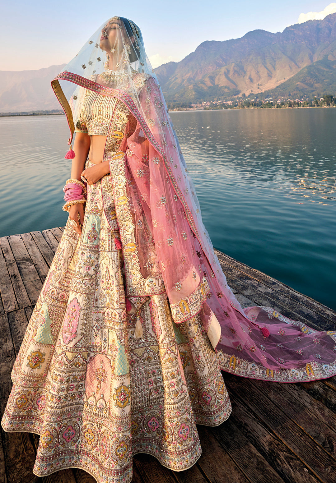 Cream Silk & Art Silk Lehenga Choli with Heavy Thread Embroidery, Zari, and Sequins Work