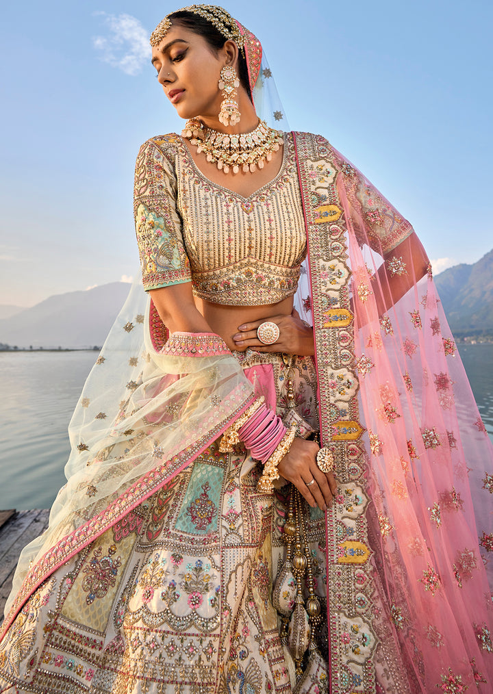 Cream Silk & Art Silk Lehenga Choli with Heavy Thread Embroidery, Zari, and Sequins Work