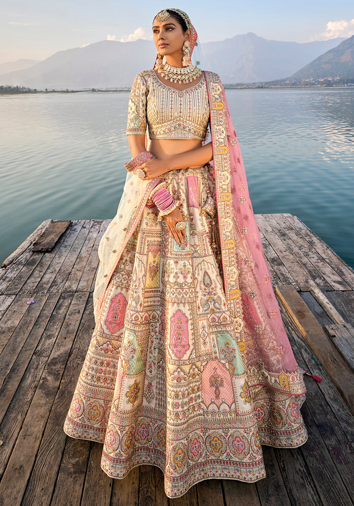 Cream Silk & Art Silk Lehenga Choli with Heavy Thread Embroidery, Zari, and Sequins Work