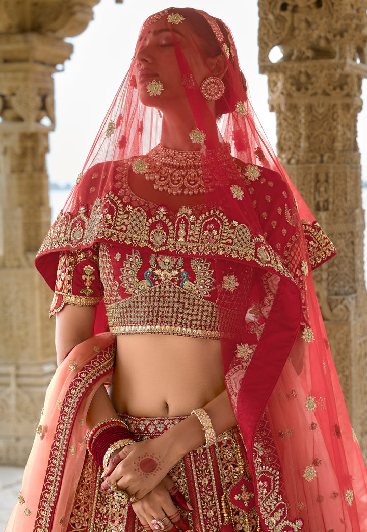 Maroon Silk & Art Silk Lehenga Choli with Heavy Thread Embroidery, Zari, and Sequins Work