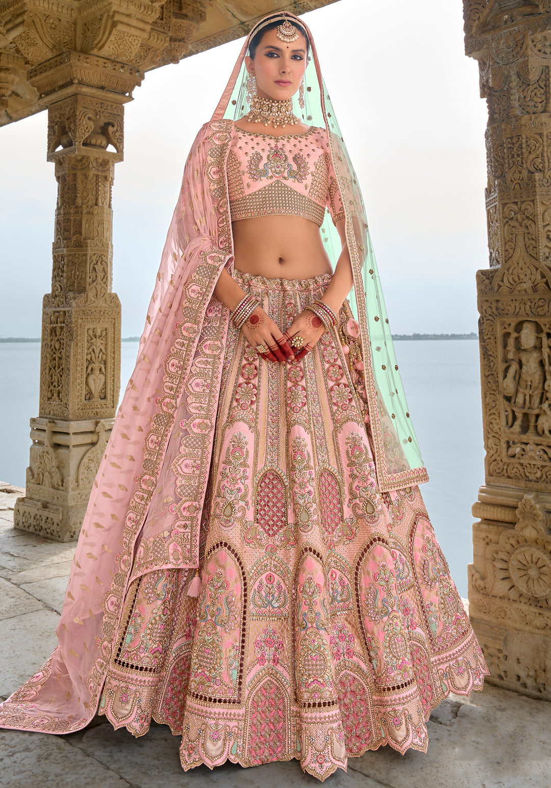 Baby Pink Silk & Art Silk Lehenga Choli with Heavy Thread Embroidery, Zari, and Sequins Work