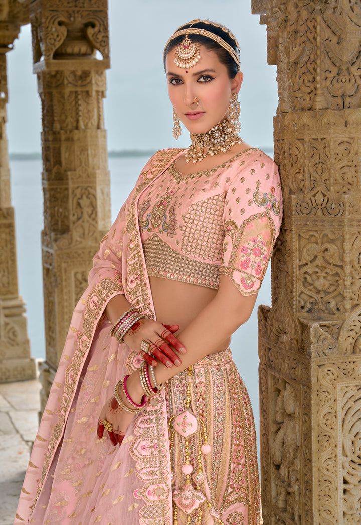 Baby Pink Silk & Art Silk Lehenga Choli with Heavy Thread Embroidery, Zari, and Sequins Work