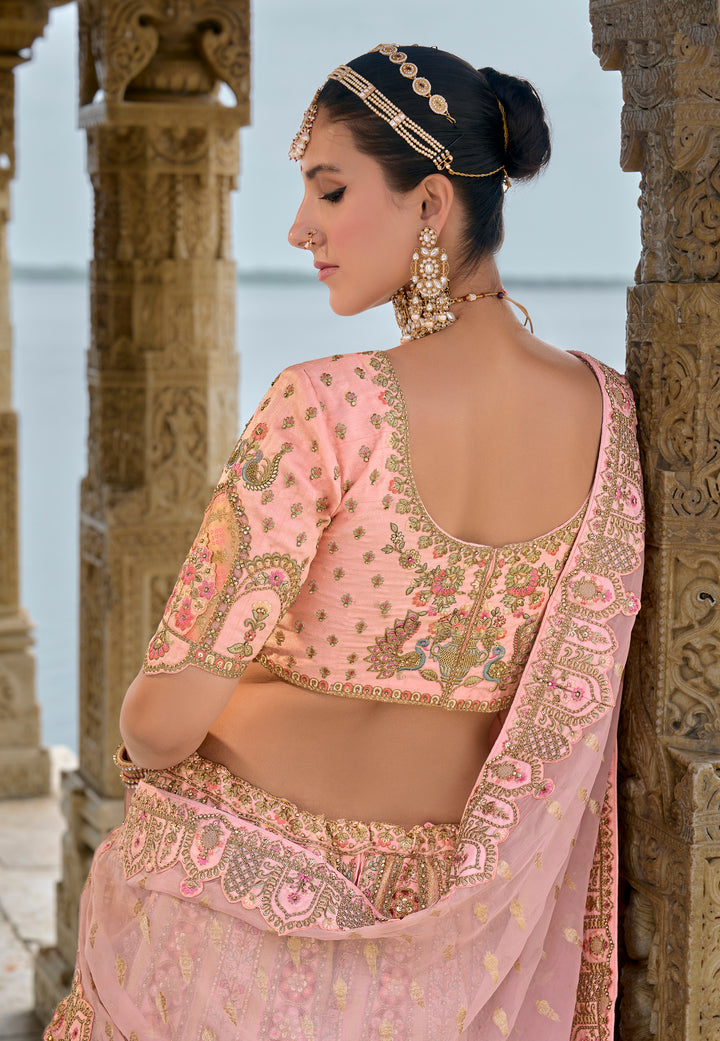 Baby Pink Silk & Art Silk Lehenga Choli with Heavy Thread Embroidery, Zari, and Sequins Work