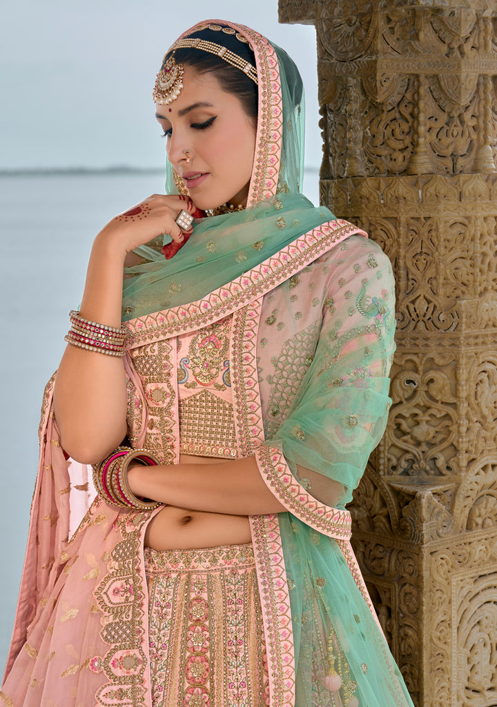 Baby Pink Silk & Art Silk Lehenga Choli with Heavy Thread Embroidery, Zari, and Sequins Work