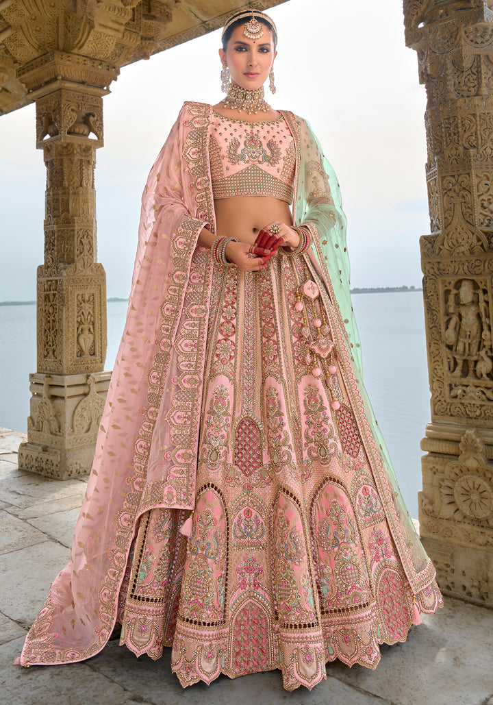 Baby Pink Silk & Art Silk Lehenga Choli with Heavy Thread Embroidery, Zari, and Sequins Work