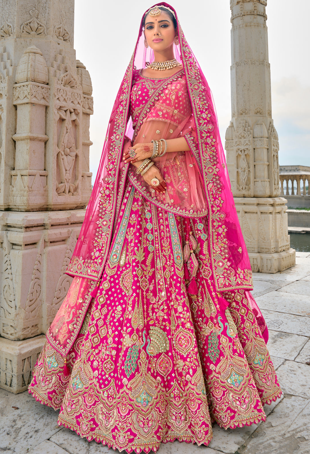 Rani Pink Silk & Art Silk Lehenga Choli with Heavy Thread Embroidery, Zari, and Sequins Work