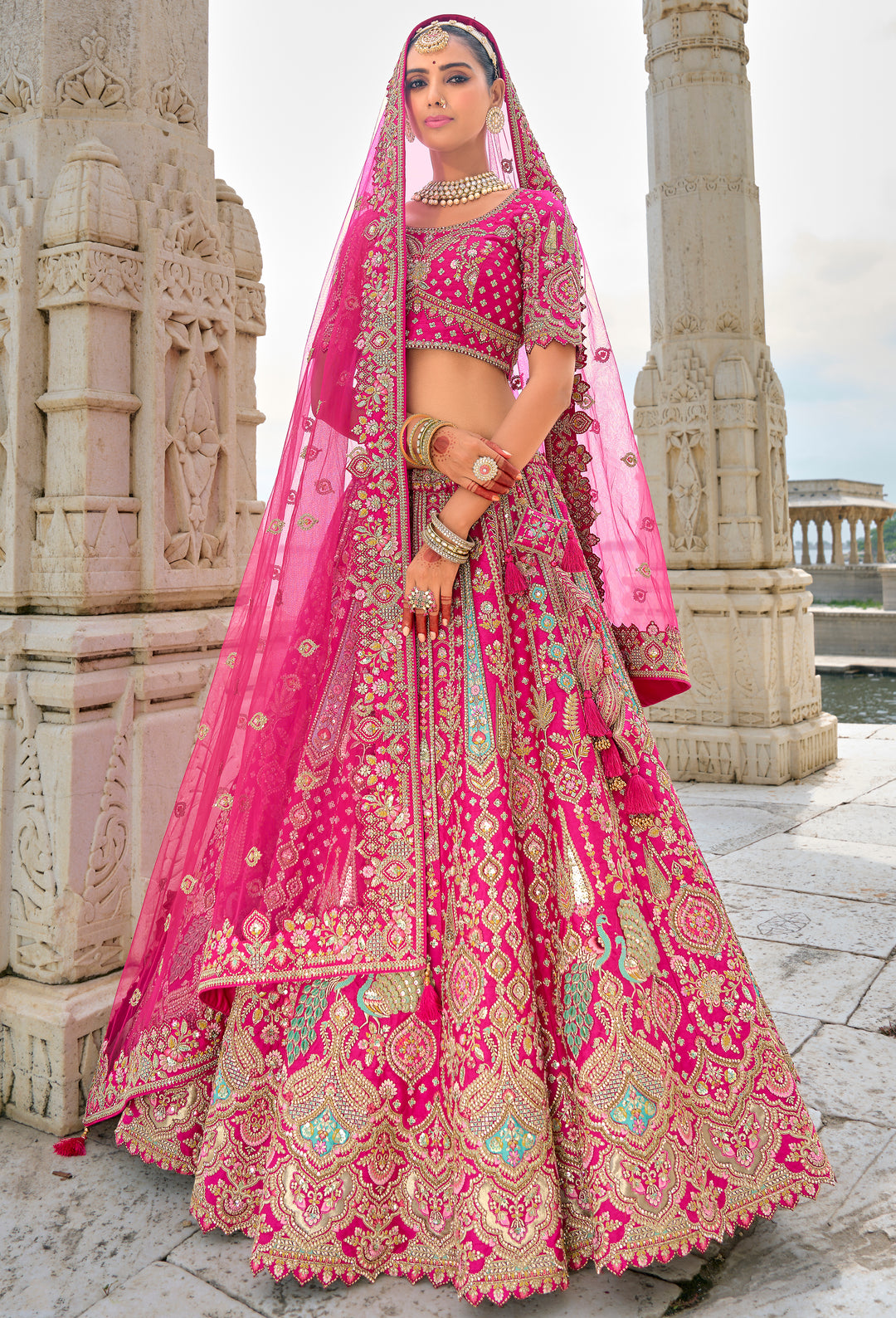 Rani Pink Silk & Art Silk Lehenga Choli with Heavy Thread Embroidery, Zari, and Sequins Work