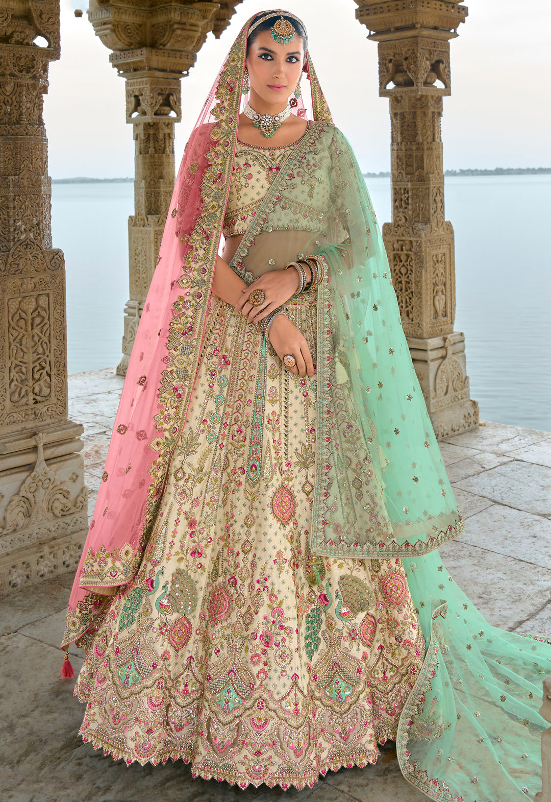 Cream Silk & Art Silk Lehenga Choli with Heavy Thread Embroidery, Zari, and Pink Sequins Work