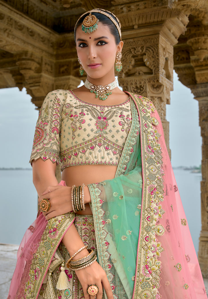 Cream Silk & Art Silk Lehenga Choli with Heavy Thread Embroidery, Zari, and Pink Sequins Work