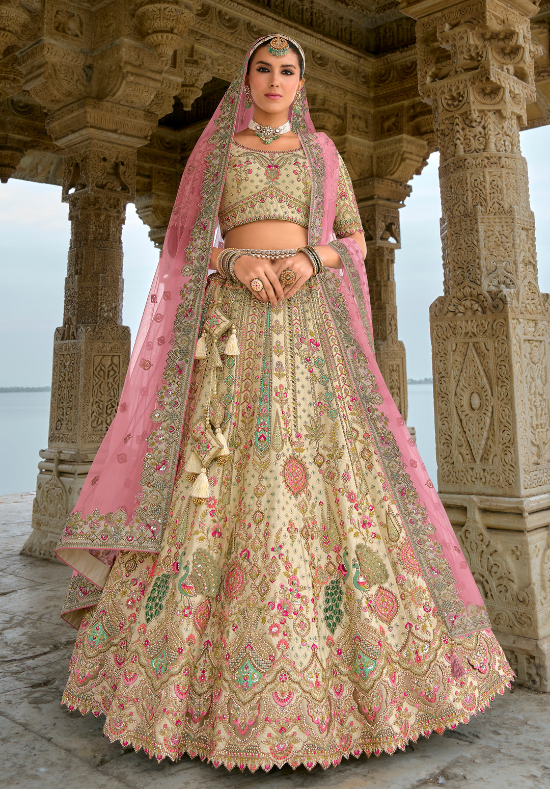 Cream Silk & Art Silk Lehenga Choli with Heavy Thread Embroidery, Zari, and Pink Sequins Work