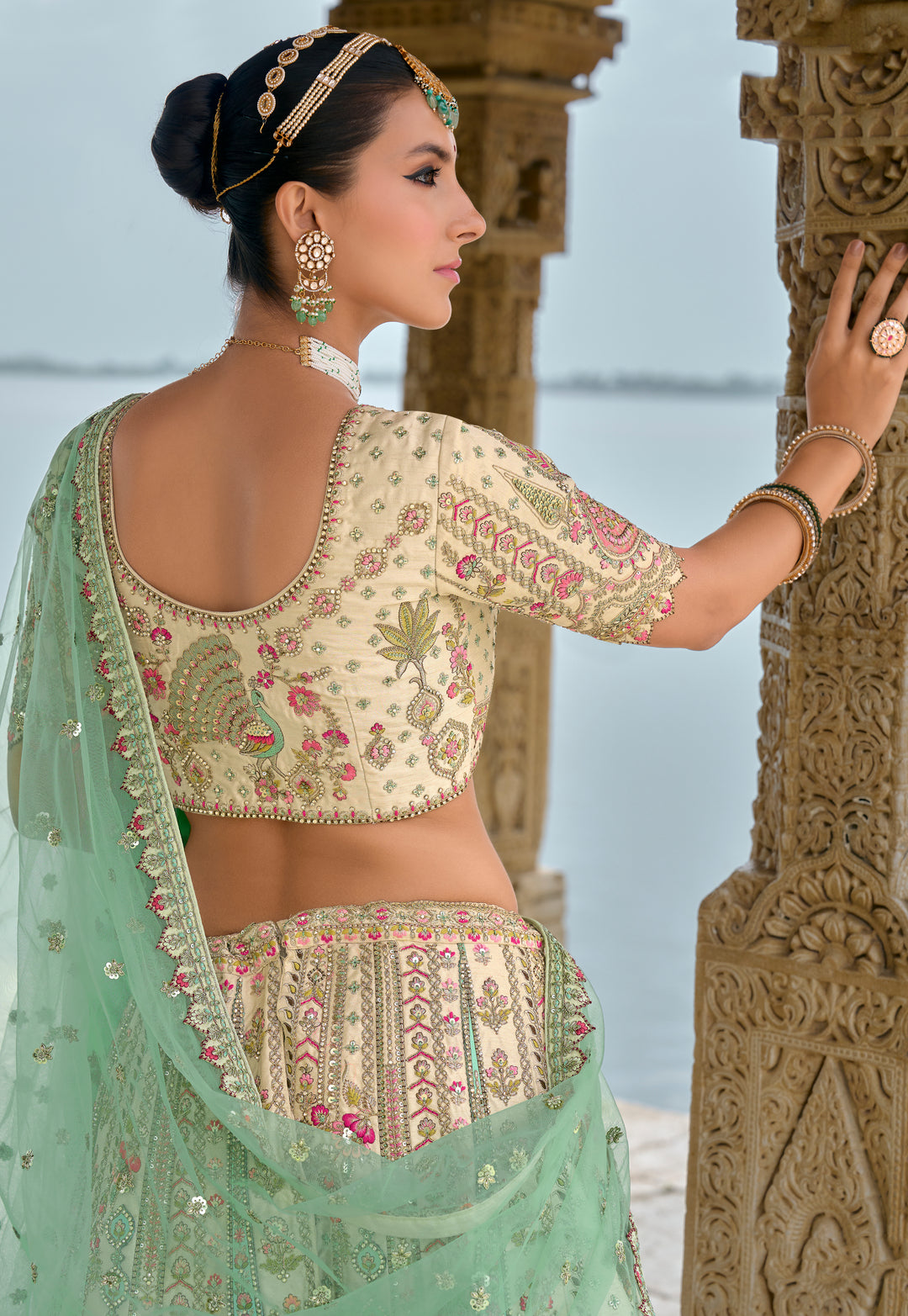 Cream Silk & Art Silk Lehenga Choli with Heavy Thread Embroidery, Zari, and Pink Sequins Work