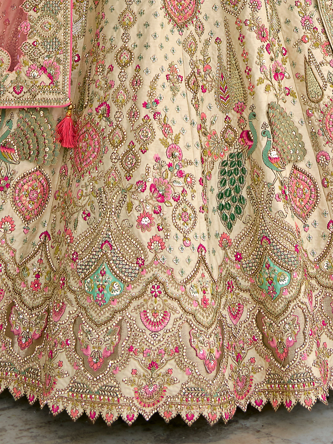 Cream Silk & Art Silk Lehenga Choli with Heavy Thread Embroidery, Zari, and Pink Sequins Work