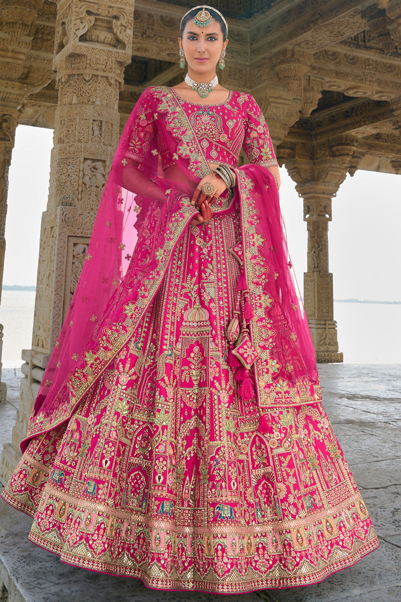 Hot Pink Bridal Lehenga | Silk Lehenga Choli with Zari & Sequins Work