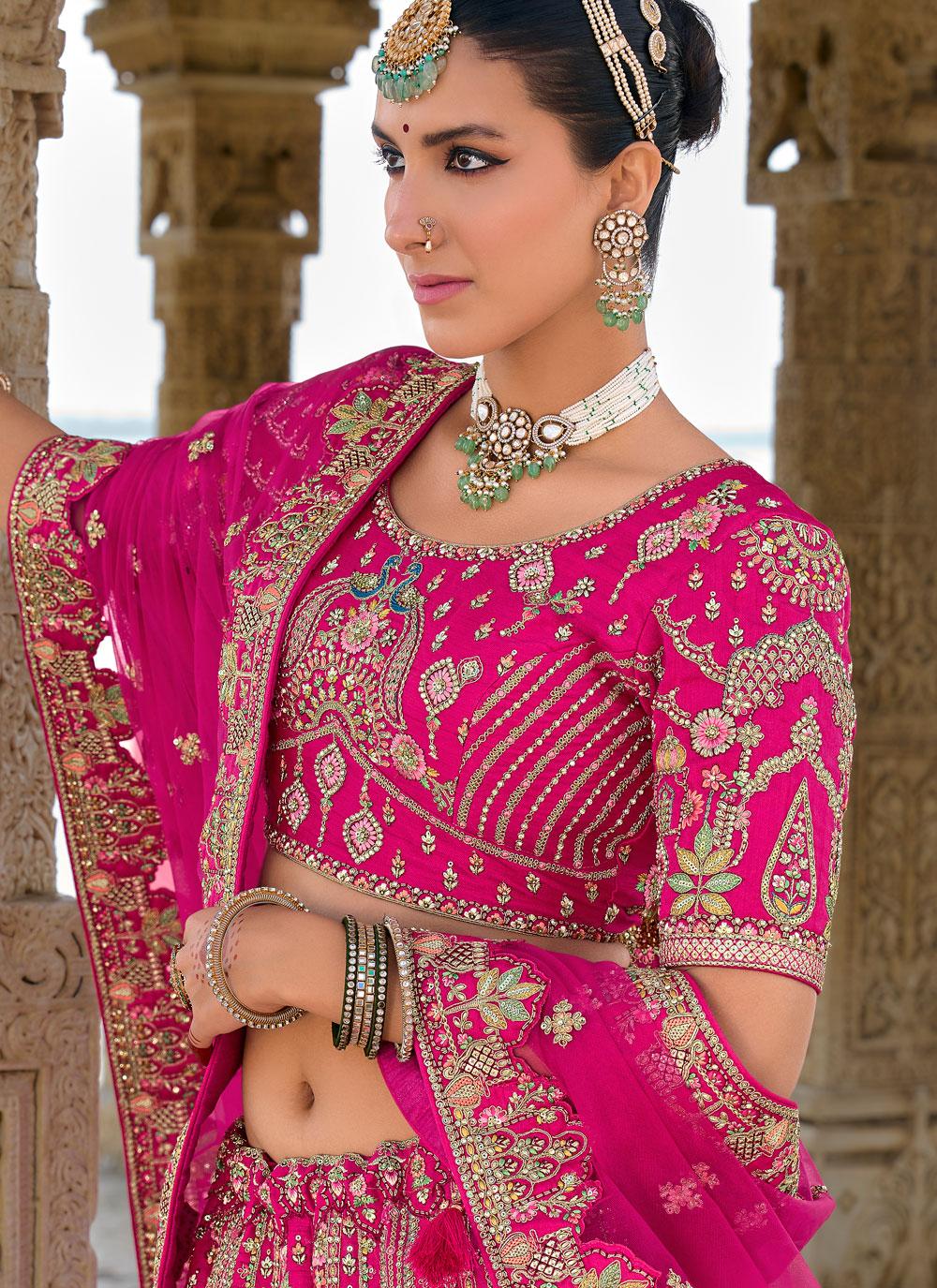 Hot Pink Bridal Lehenga | Silk Lehenga Choli with Zari & Sequins Work