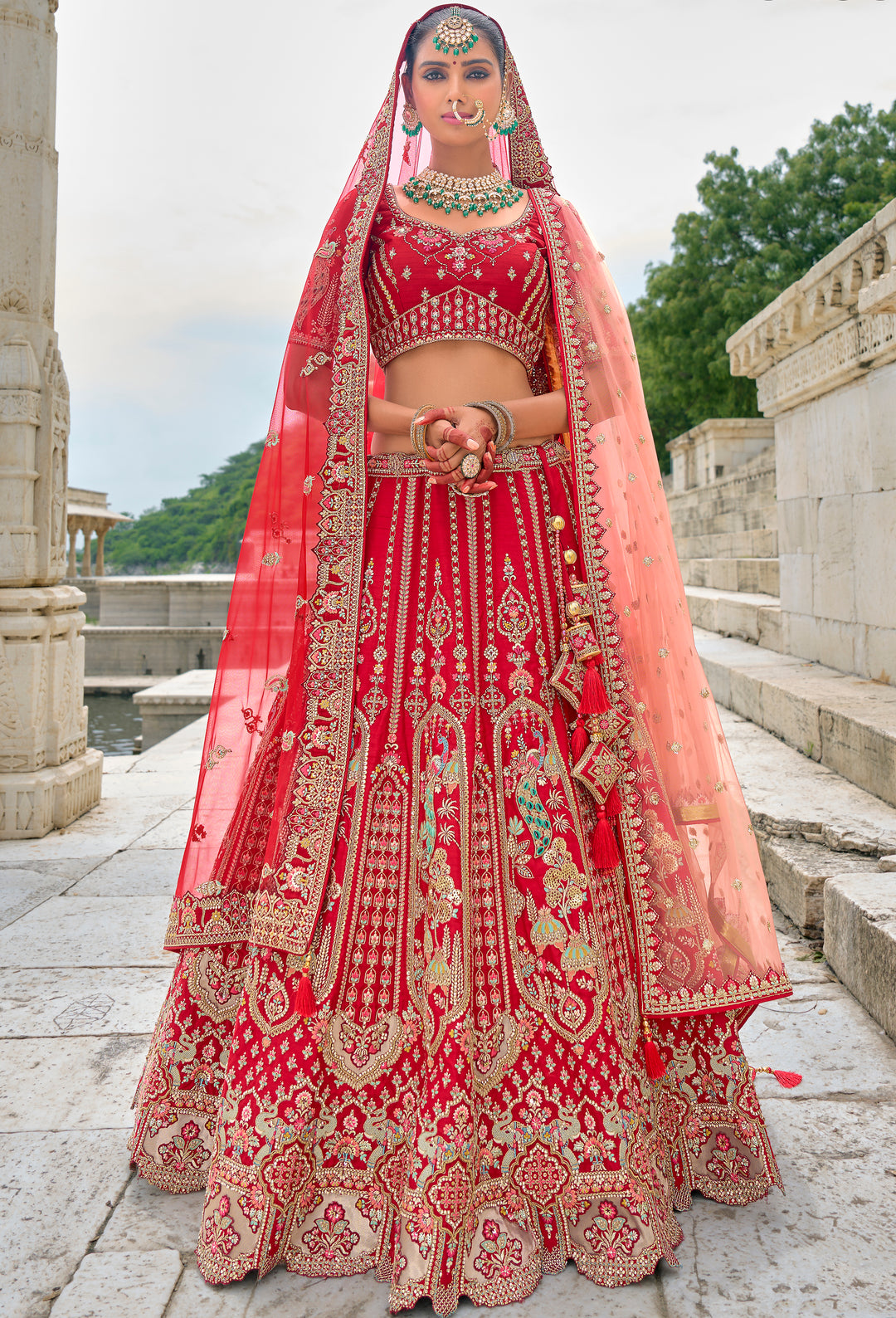 Red Silk & Art Silk Lehenga Choli with Heavy Thread Embroidery, Zari, and Sequins Work