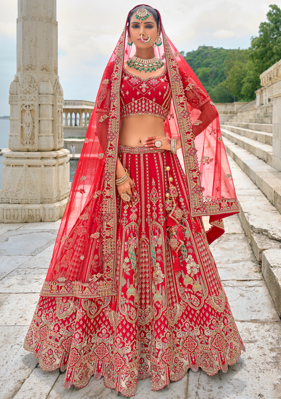 Red Silk & Art Silk Lehenga Choli with Heavy Thread Embroidery, Zari, and Sequins Work