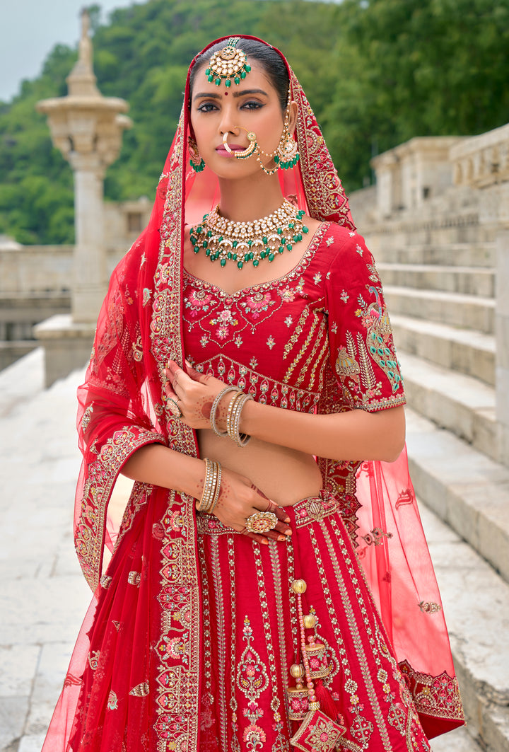 Red Silk & Art Silk Lehenga Choli with Heavy Thread Embroidery, Zari, and Sequins Work