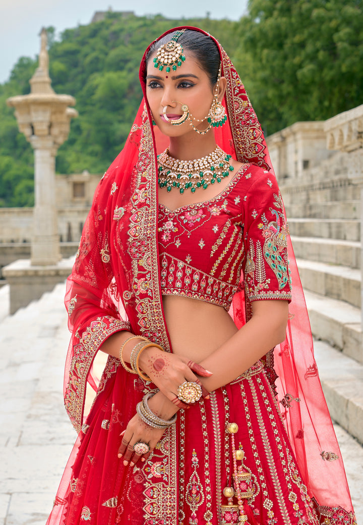 Red Silk & Art Silk Lehenga Choli with Heavy Thread Embroidery, Zari, and Sequins Work