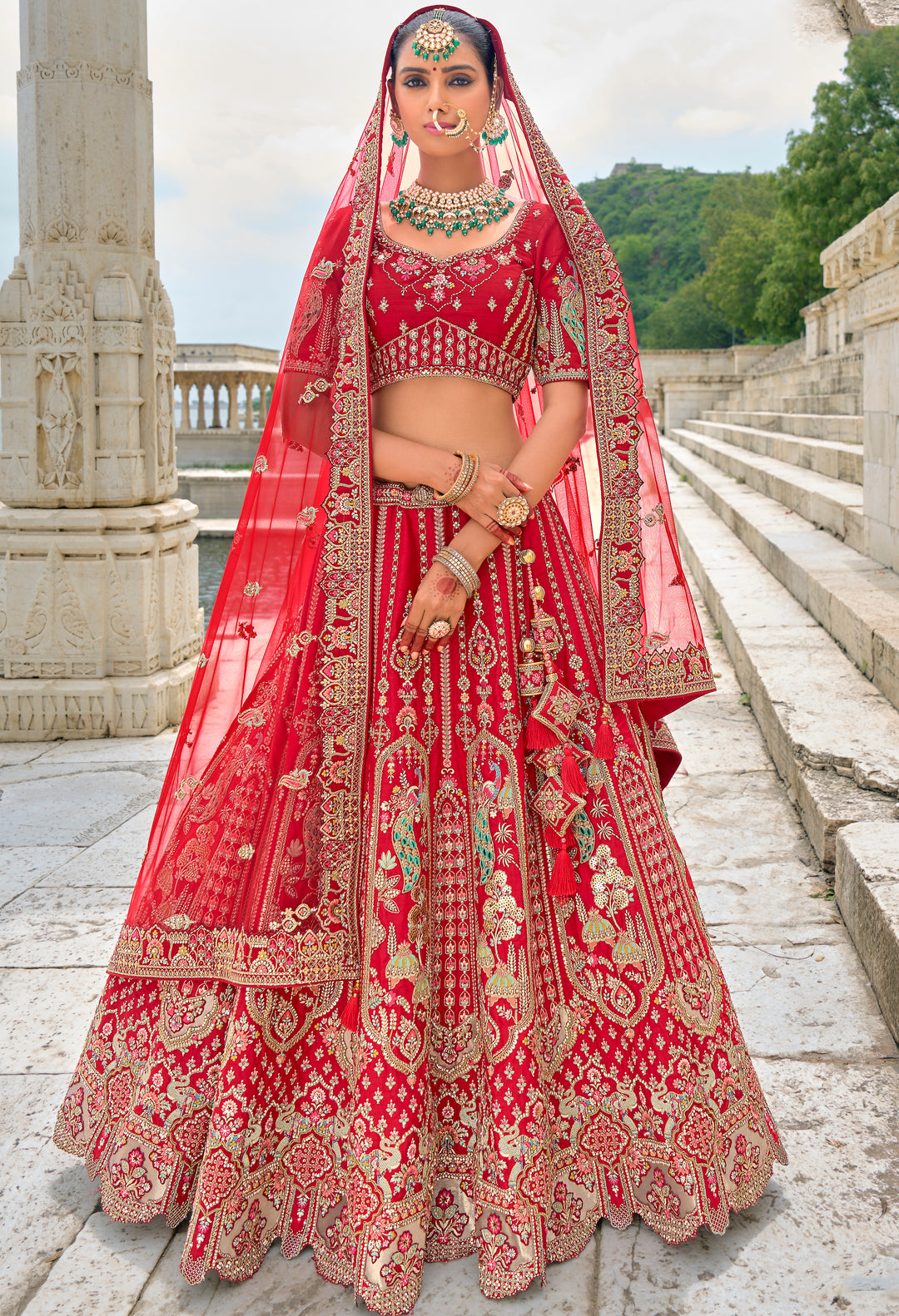 Red Silk & Art Silk Lehenga Choli with Heavy Thread Embroidery, Zari, and Sequins Work