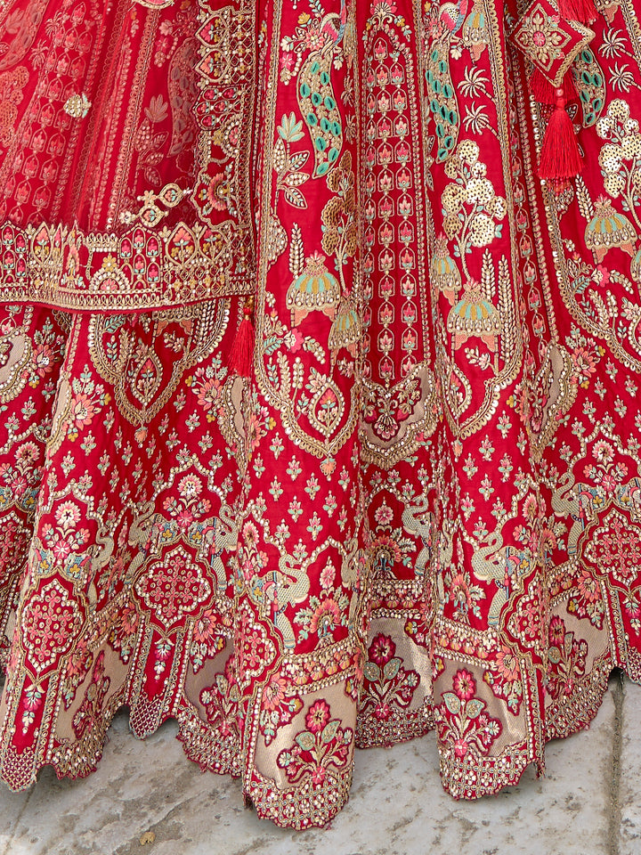 Red Silk & Art Silk Lehenga Choli with Heavy Thread Embroidery, Zari, and Sequins Work