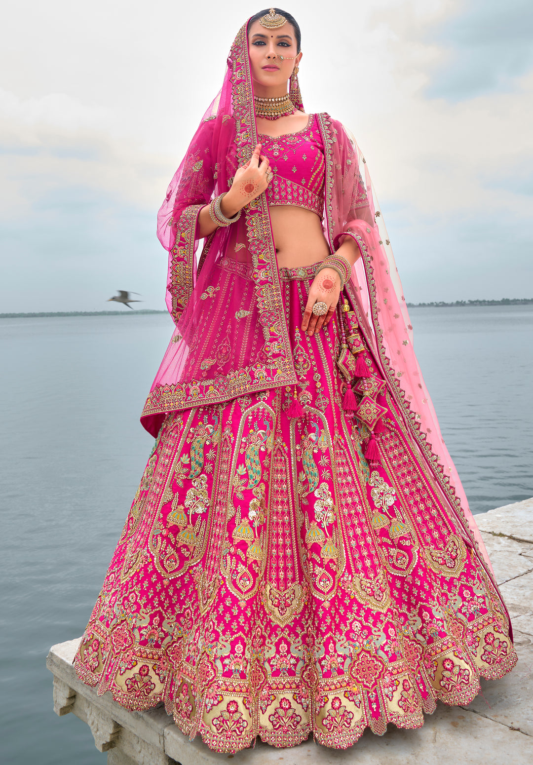 Rani Pink Silk & Art Silk Lehenga Choli with Heavy Thread Embroidery, Zari, and Sequins Work