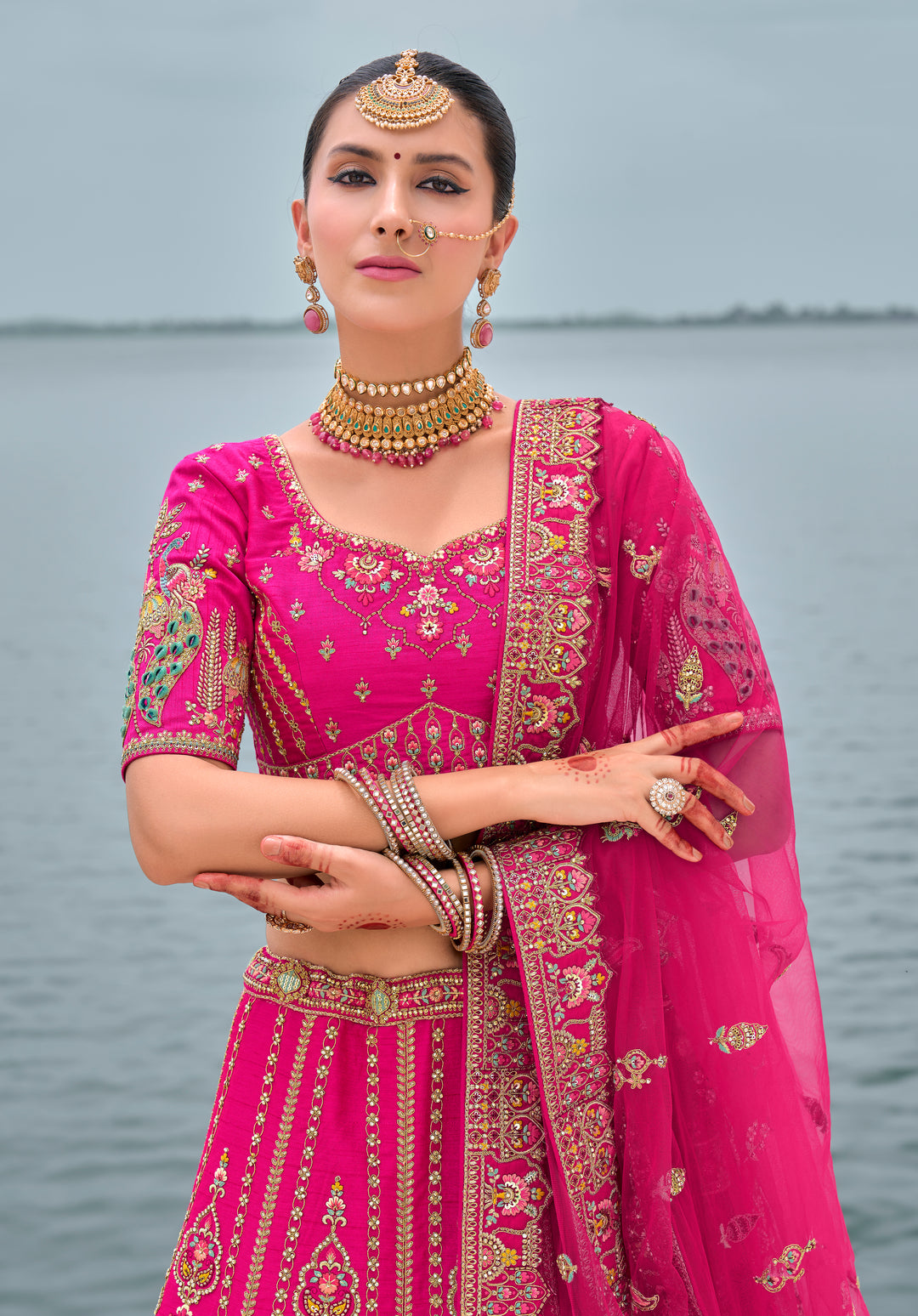 Rani Pink Silk & Art Silk Lehenga Choli with Heavy Thread Embroidery, Zari, and Sequins Work