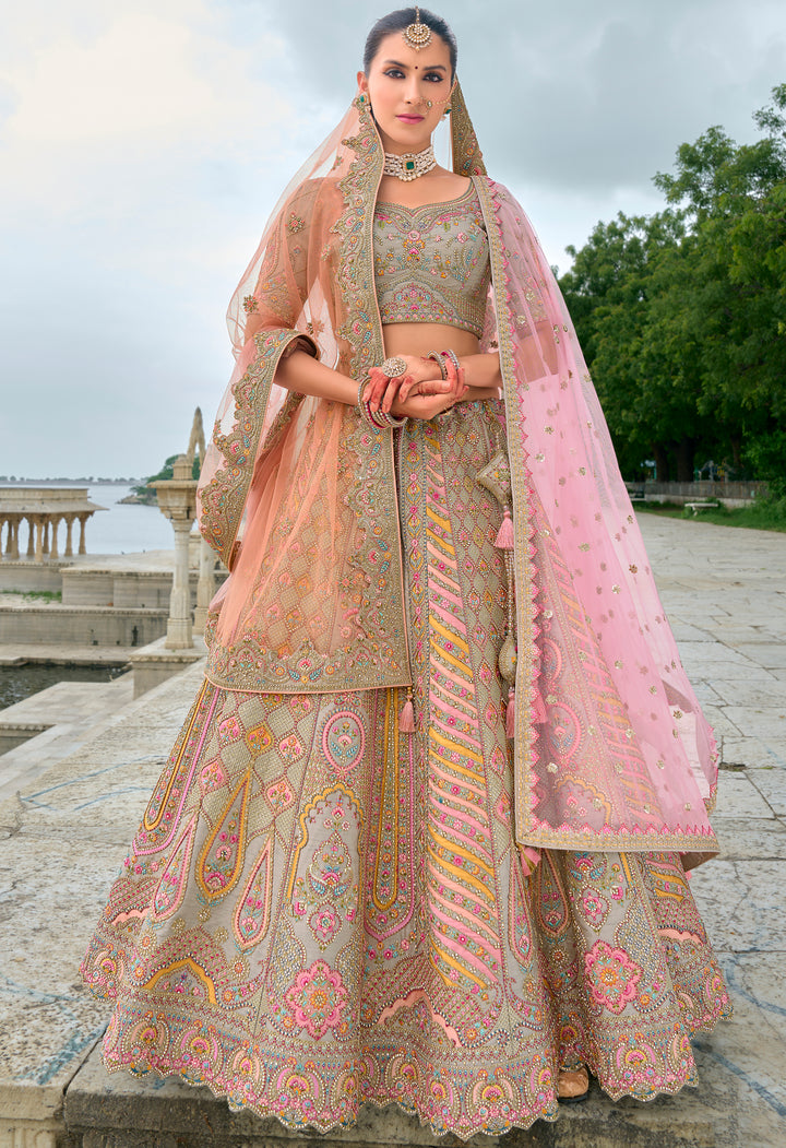 Multicolor Silk & Art Silk Lehenga Choli with Heavy Thread Embroidery, Zari, and Sequins Work