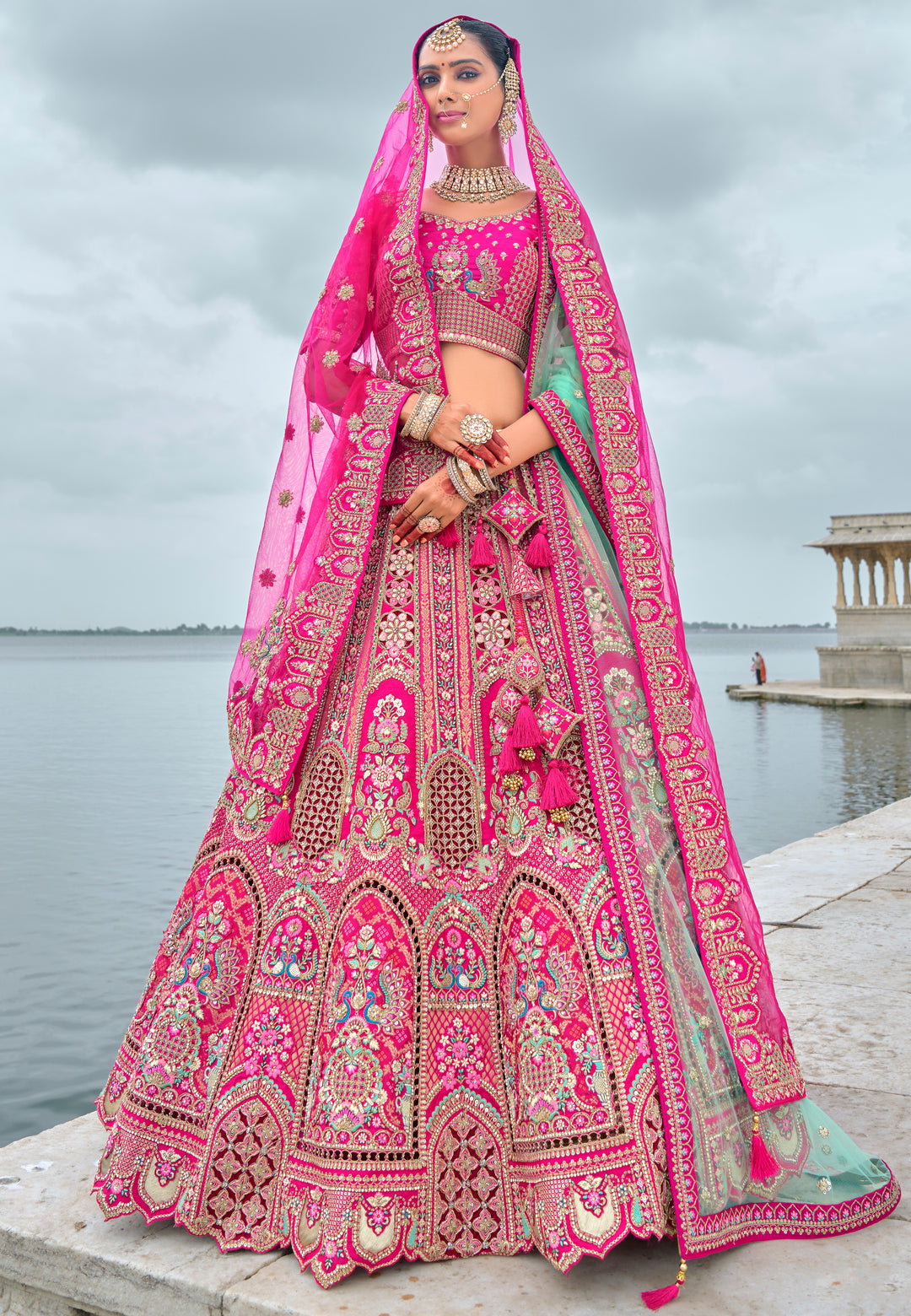 Hot Pink Silk & Art Silk Lehenga Choli with Heavy Thread Embroidery, Zari, and Sequins Work