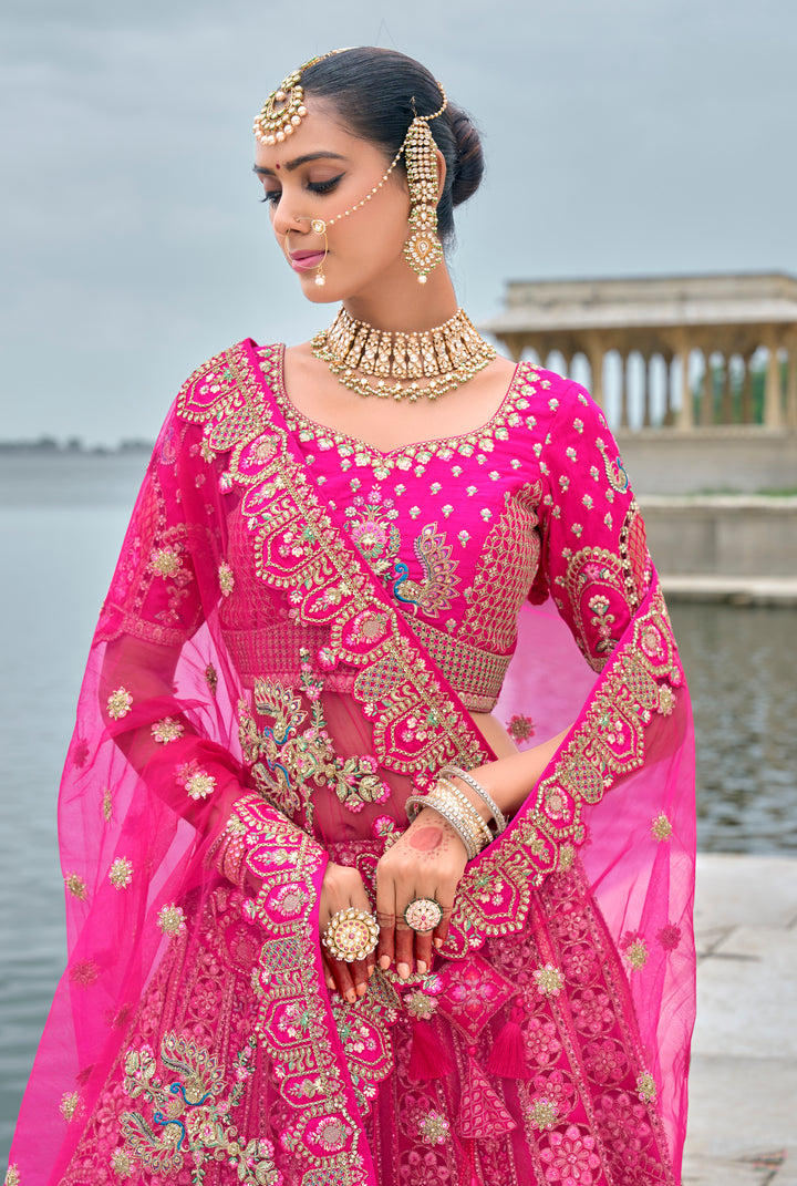 Hot Pink Silk & Art Silk Lehenga Choli with Heavy Thread Embroidery, Zari, and Sequins Work